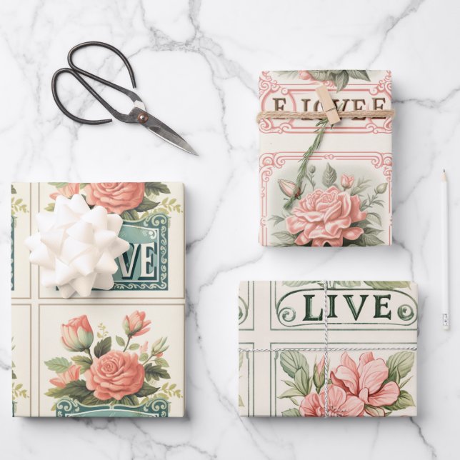Exquisite rosafarbene Valentine Vintag Geschenkpapier Set (Vorderseite)