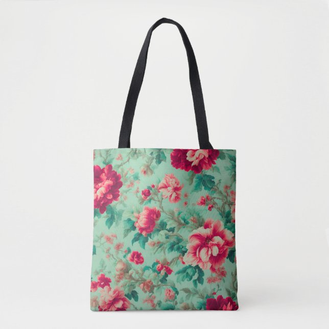 Exquisite Rote Blume und üppige grüne Blätter Tasche (Vorderseite)