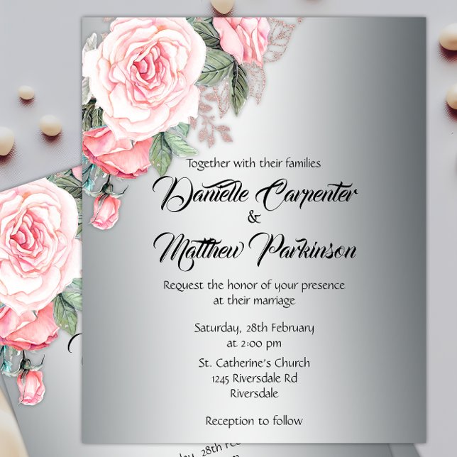 Exquisite Silver Budget Floral Wedding Einladung Flyer (Von Creator hochgeladen)
