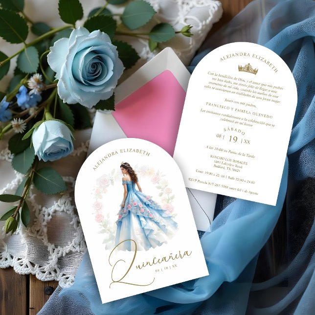 Exquisite Spanish Doll Quinceañera in Blue & Pink Einladung (Exquisite Romantic Chic Spanish Doll Quinceañera in Blue & Pink Ball Gown Invitations Cards.)