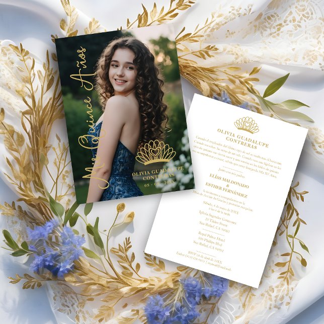 Exquisite Spanish Princess Crown Quinceañera Photo Einladung (Exquisite Spanish Princess Crown Quinceañera Photo Fancy Calligraphy Script Faux Gold Invitation.)