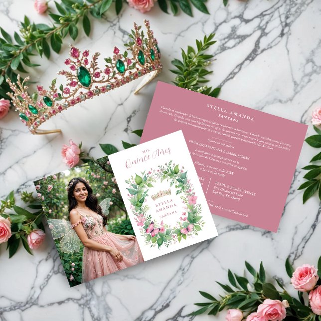 Exquisite Spring Tiara Pink & Green Floral Spanish Einladung (Exquisite Spring Tiara Pink & Green Floral Spanish Quinceañera Photo Invitations Cards.)