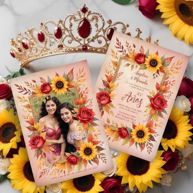 Exquisite Twins Botanical Frame Spanish Photo XVs Einladung (Exquisite Twins Sisters Botanical Frame Spanish Photo Mis XV Invitations Cards. )