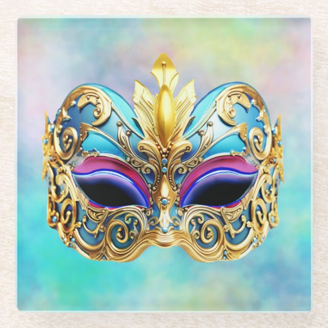 Exquisite venezianische Maske auf einem farbigen H Glasuntersetzer (Vorderseite)