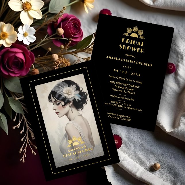Exquisite Vintage Retro 20s Bride Bridal Shower Folieneinladung (Exquisite Vintage Retro 20s Bride Bridal Shower Metallic Foil Invitation Cards in Gold.)