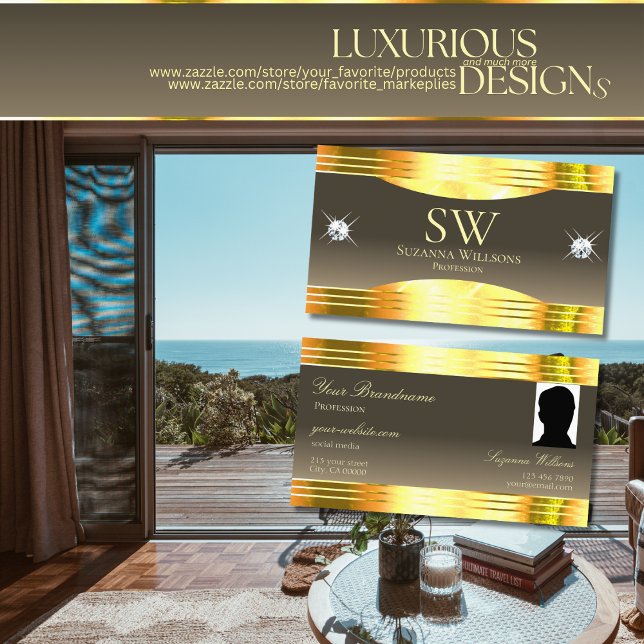 Exquisites Beige-Braun-Goldgrenzenmonogramm-Foto Visitenkarte (Von Creator hochgeladen)