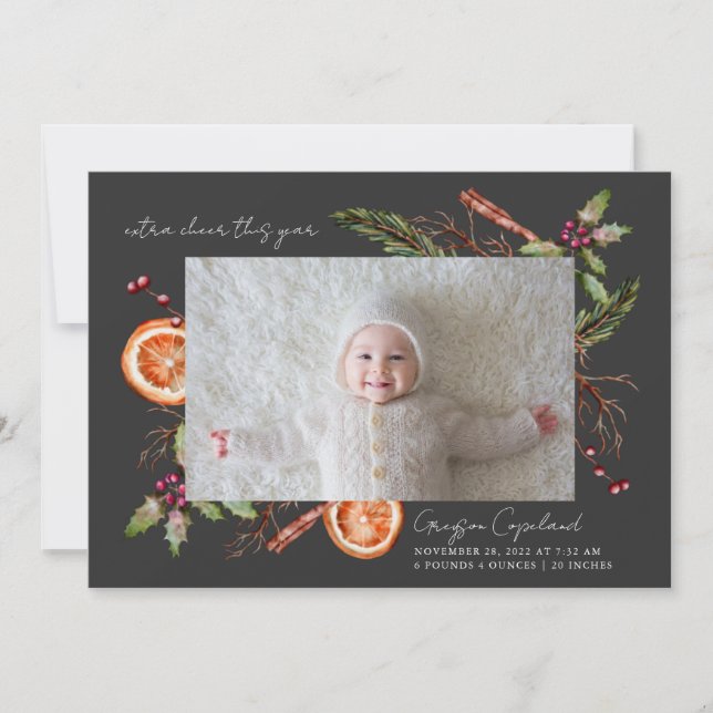 Extra Cheer Charcoal Holiday Baby Foto Birth Ankündigung (Vorderseite)