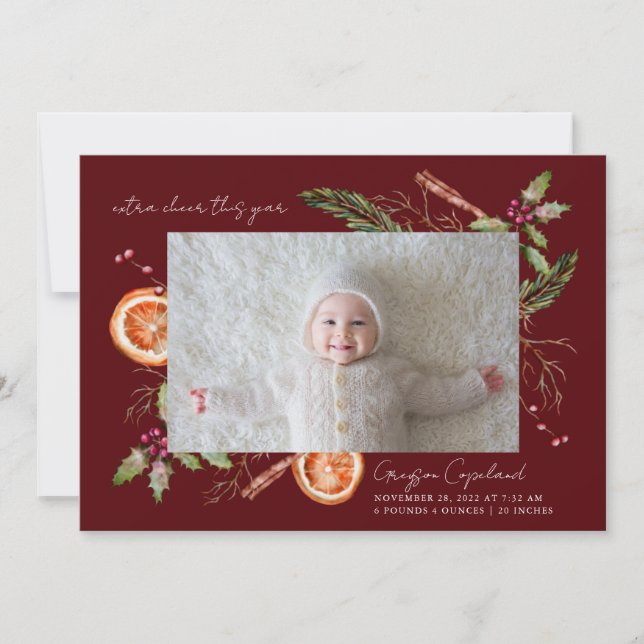 Extra Cheer Red Holiday Baby Foto Birth Ankündigung (Vorderseite)