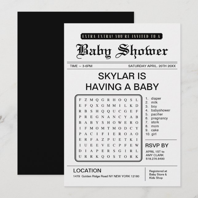 Extra Extra Baby Shower Newspaper Thema Einladung (Vorne/Hinten)