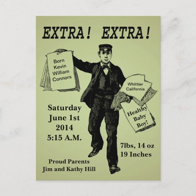 Extra! Extra! Vintage Ankündigung der Zeitung Postkarte (Vorderseite)