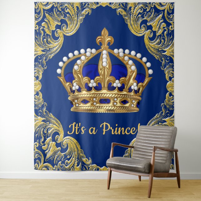 Extra große Royal Blue Gold Prince Baby Dusche Wandteppich (Beispiel)