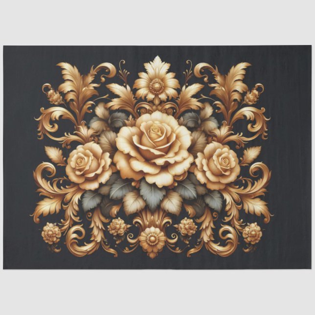 Extra großes Gold auf schwarz-barocken Blumendekou Seidenpapier (Vorderseite)