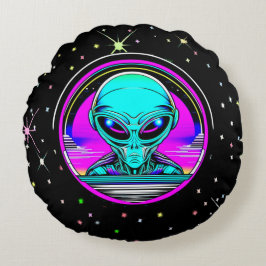 Extra-Terrestriale Alien mit einem UFO Rundes Kissen