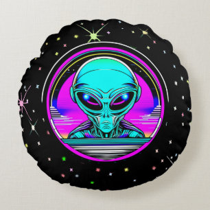 Extra-Terrestriale Alien mit einem UFO Rundes Kissen