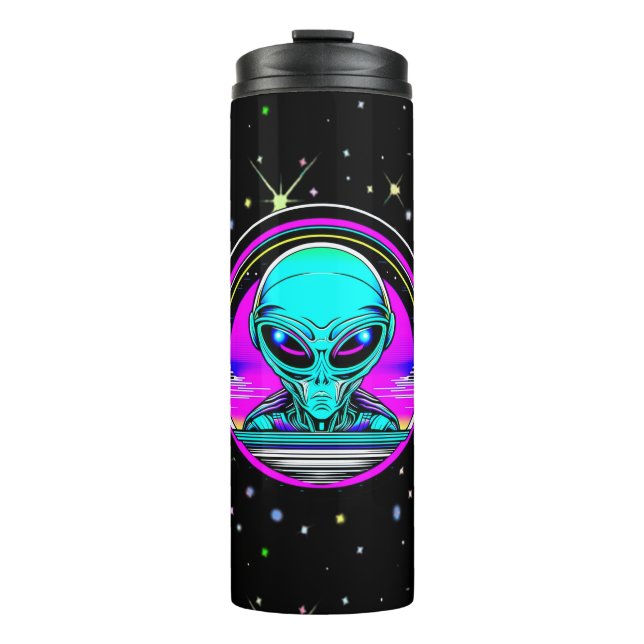 Extra-Terrestriale Alien mit einem UFO Thermosbecher (Vorderseite)