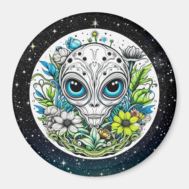 Extraterrestrische Alien in Blume Starry Night Magnet (Vorne)