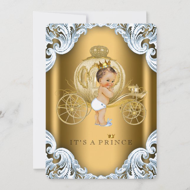 Extravagant Blue and Gold Carriage Prince Baby Dus Einladung (Vorderseite)