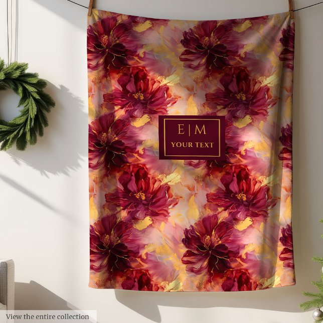 Extravagant Blush Burgundy Gold Bloral Custom Thre Fleecedecke (Fancy Blush Burgundy Gold Floral Custom Throw Fleece Blanket)