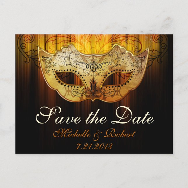 Extravagant Geblüht Goldmasquerade Hochzeit Rettet Ankündigungspostkarte (Vorderseite)