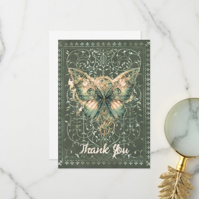 Extravagant Green Steampunk Butterfly Dankeskarte (Vorderseite/Rückseite Beispiel)
