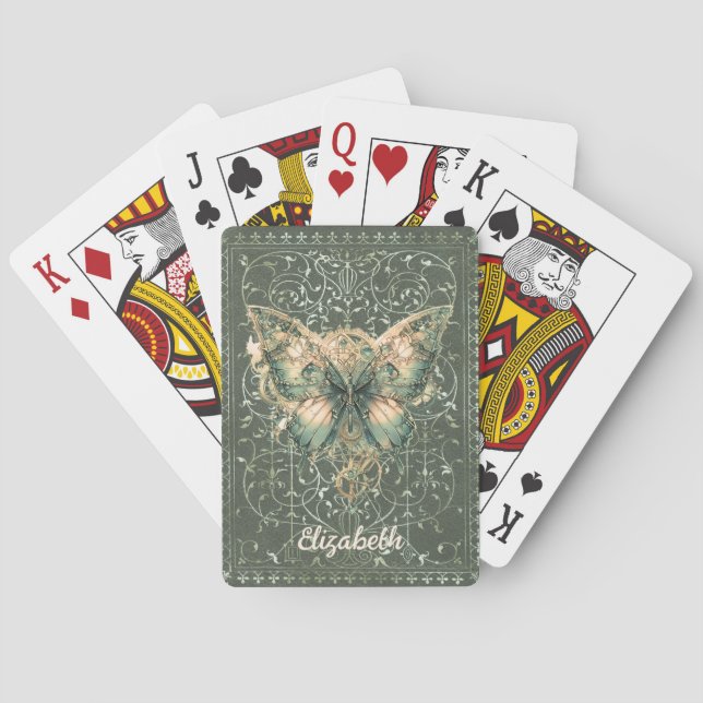 Extravagant Green Steampunk Butterfly Personalisie Spielkarten (Rückseite)