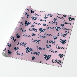 Extravagant Heart Pink Blue Navy Glitzer Liebe Val Geschenkpapier