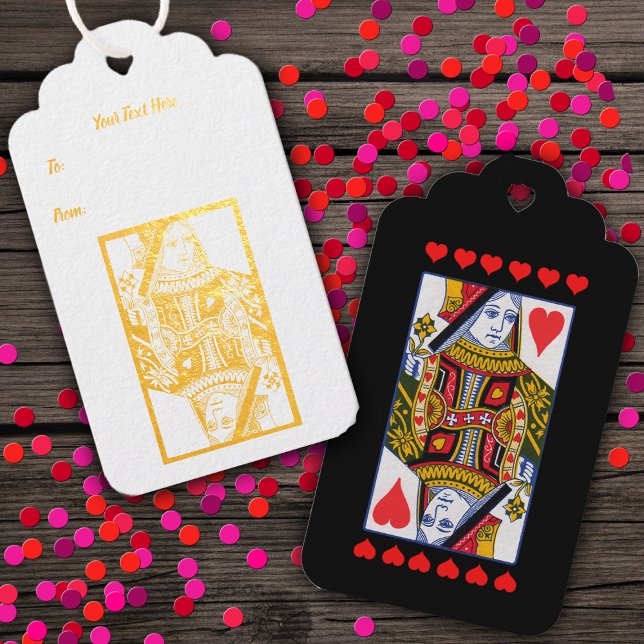 Extravagant Heart Suite Queen Play Card Red Hearts Geschenkanhänger (Heart Suite ornate queen playing card Gold foil front with red hearts on hanging gift or favor tag.)