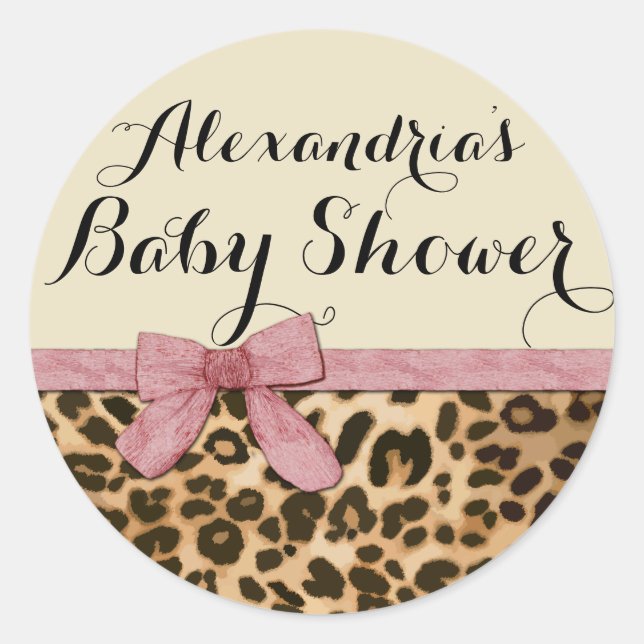 Extravagant Leopard Pink Bow Girl Babydusche Runder Aufkleber (Vorderseite)