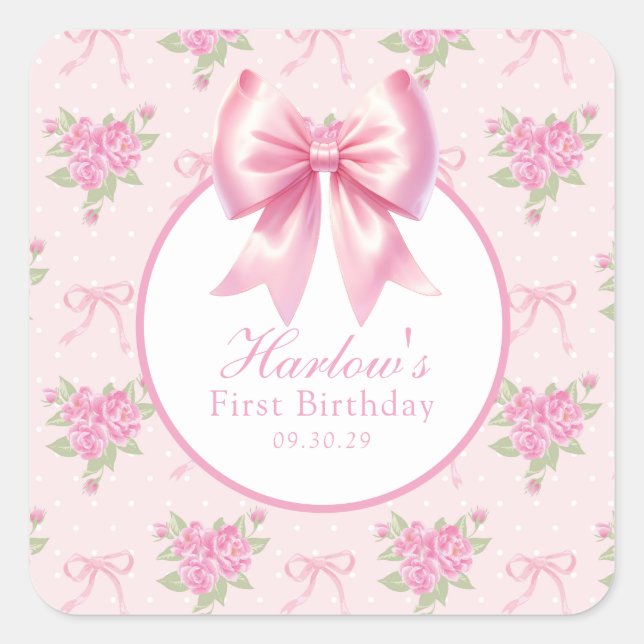 Extravagant One Pink Coquette Bow Geburtstag Quadratischer Aufkleber (Vorderseite)