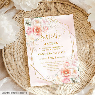 Extravagant Pastel Pink Sage Gold Floral Sweet 16 Einladung