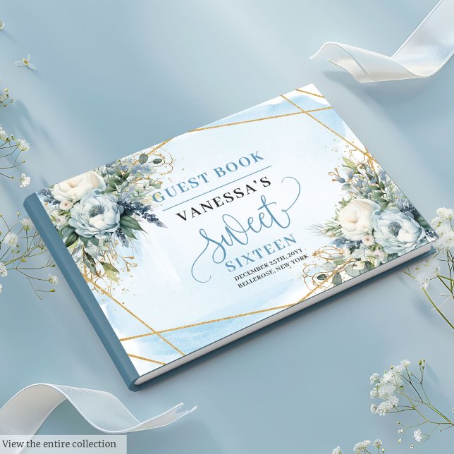 Extravagant Pastell Blue White Gold Floral 16 . Ge Gästebuch (Fancy Pastel Blue White Gold Floral Sweet Sixteen Guest Book)
