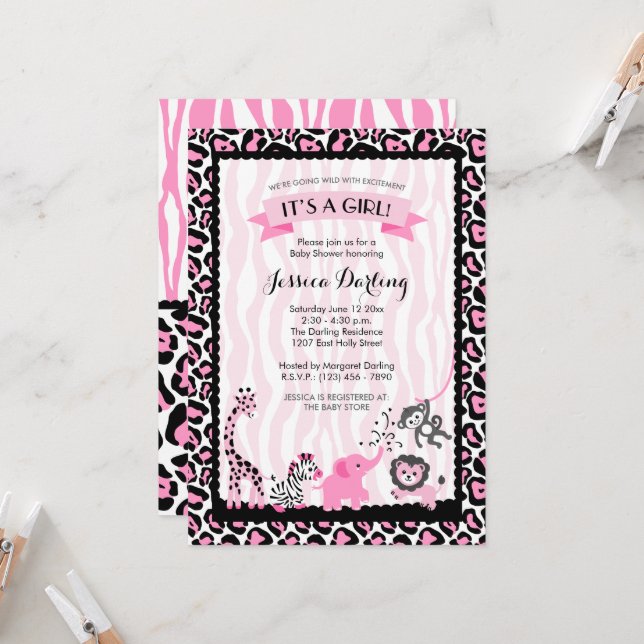 Extravagant Pink & Black Safari Girl Babydusche Einladung (Vorderseite/Rückseite Beispiel)