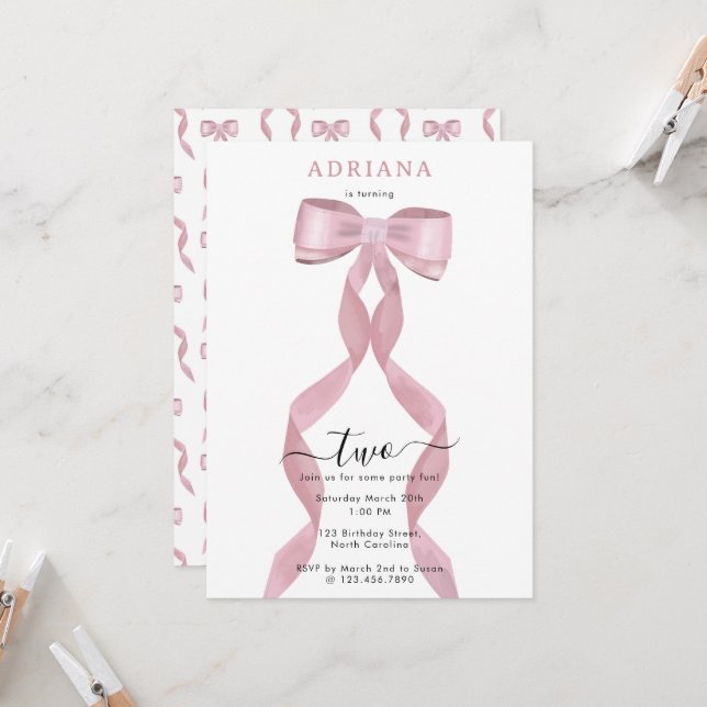Extravagant Pink Bow Girly Kindergeburtstag Einlad Einladung (Vorderseite/Rückseite Beispiel)