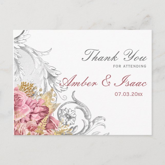 Extravagant Pink Floral Wedding Vielen Dank Postkarte (Vorderseite)