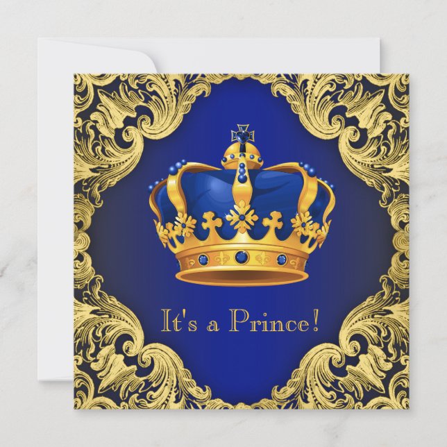 Extravagant Prince Baby Dusche Blue Gold Einladung (Vorderseite)
