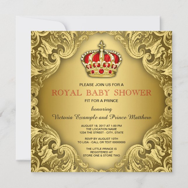 Extravagant Prince Baby Dusche Red and Gold Einladung (Rückseite)
