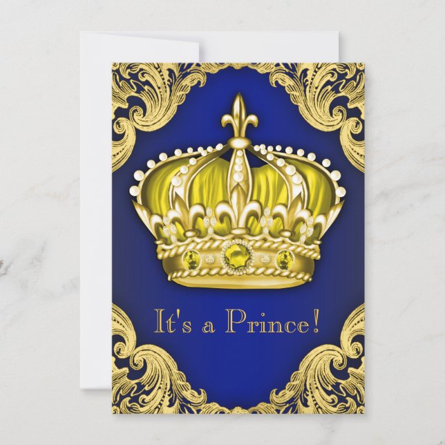 Extravagant Prince Baby Shower Blue und Gold Einladung (Vorderseite)