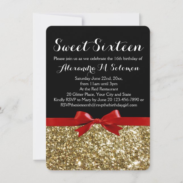 Extravagant Red Glitzer Bow Sweet 16 Party Einladu Einladung (Vorderseite)