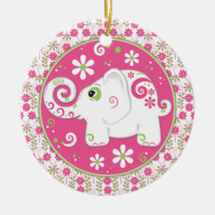 Extravagant rosa grüner Elefant und Blumendekorati Keramik Ornament