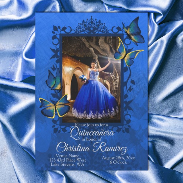 Extravagant Royal Blue, Gold Butterfly Quinceanera Einladung (fancy blue and gold quinceanera invitation, royal blue dress photo mis quince, gold butterflies)