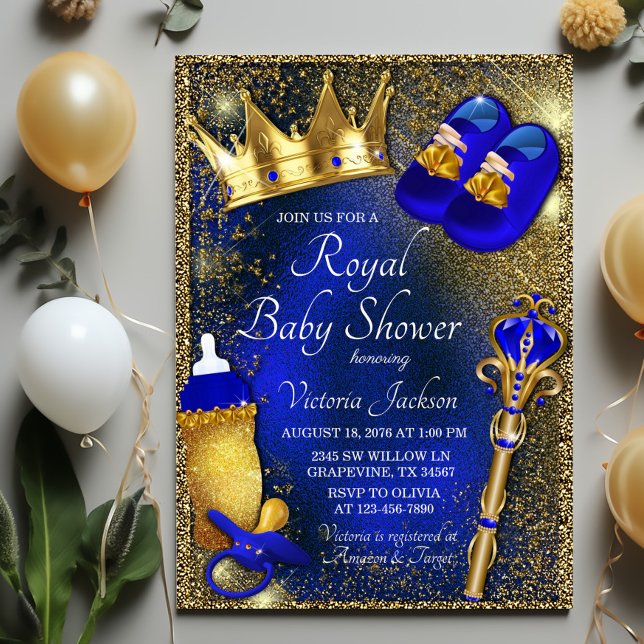 Extravagant Royal Blue Prince Baby Dusche Einladung (Royal blue gold prince baby shower with royal baby things on beautiful royal blue gold background.)