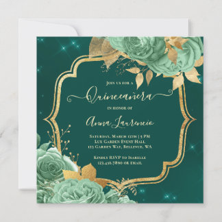 Extravagant Sage Green Emerald Gold Floral Quincea Einladung