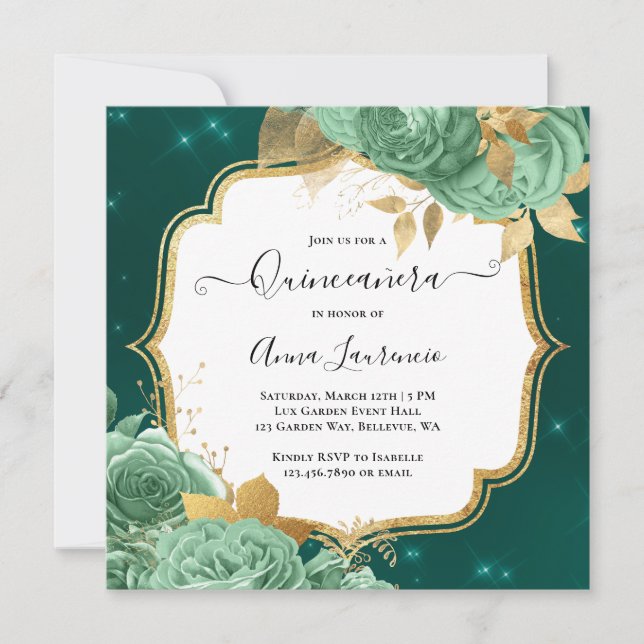 Extravagant Sage Green Gold Floral Rose Quinceaner Einladung (Vorderseite)