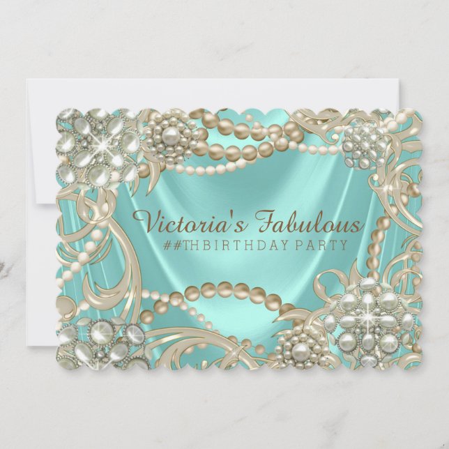 Extravagante Aquamarine Blue Ivory Pearl Birthday  Einladung (Vorderseite)