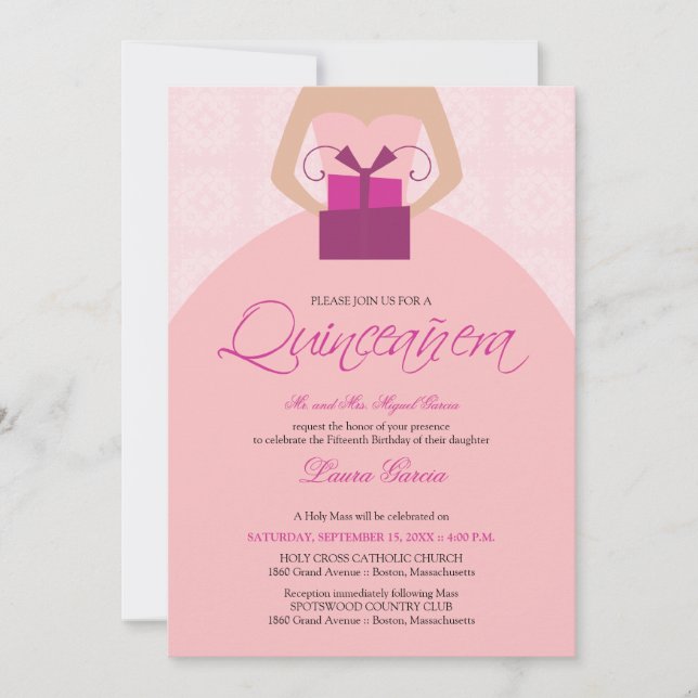 Extravagante Ball Gown Quinceanera Einladung (Rosa (Vorderseite)