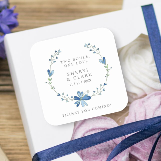 Extravagante Blue Floral Wreath-Hochzeit Quadratischer Aufkleber (Von Creator hochgeladen)