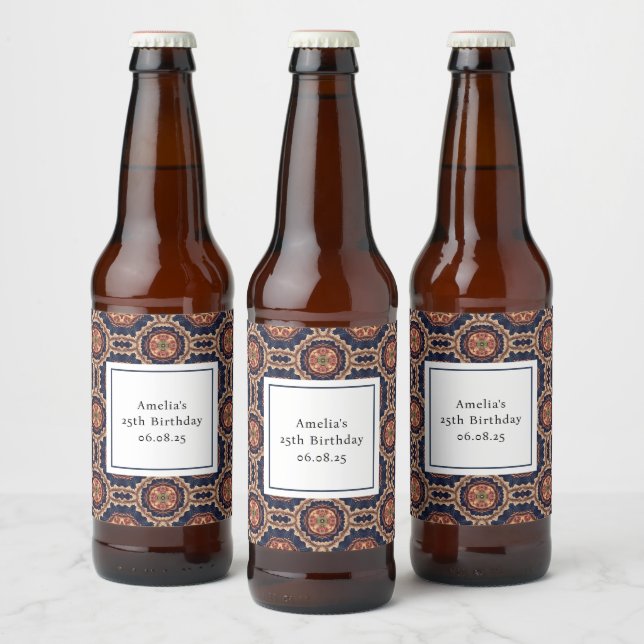 Extravagante Blume und Star-Formen-Muster Geburtst Bierflaschenetikett (Flaschen)