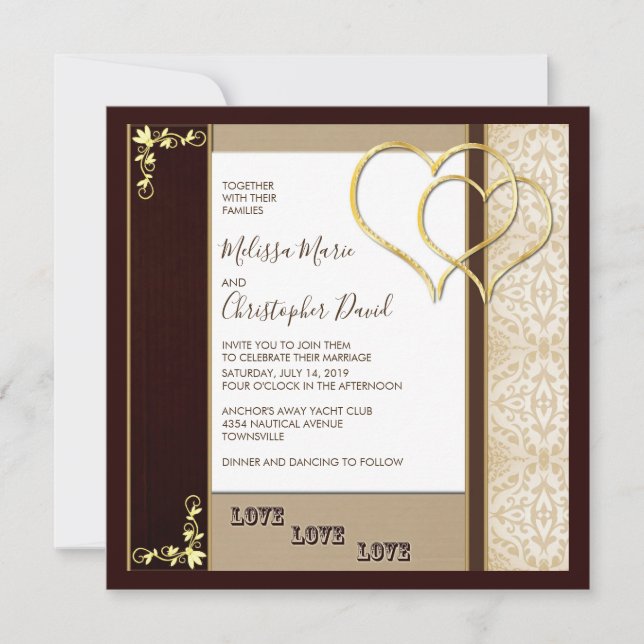 Extravagante Braun- und Goldhochzeit mit Herz Einladung (Vorderseite)