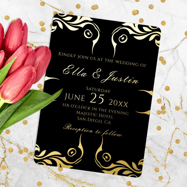Extravagante Chic Imitate Gold Border on Black Wed Folieneinladung (Von Creator hochgeladen)