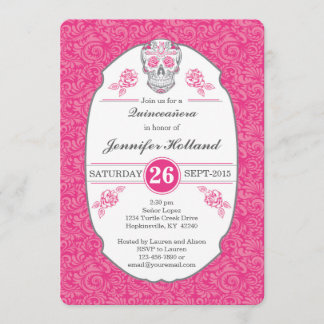 Extravagante Damast-Schädel-Rosa Quinceañera Einladung